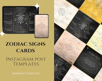 Zodiac Signs Card Instangram Templates Bundle, Editable Spiritual Branding Package, Gold Zodiac, Instagram Witch Kit