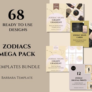 Zodiacs mega pack of templates, Social media templates, Printable Aesthetic Wall Art, Witch Kit, Astrology, Tarot Reader, Spiritual Coach