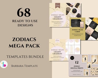 Zodiacs mega pack of templates, Social media templates, Printable Aesthetic Wall Art, Witch Kit, Astrology, Tarot Reader, Spiritual Coach