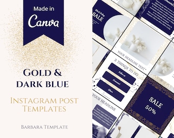 Gold and Dark Blue Instagram Templates Bundle Kit, Content Creator, Luxury Canva Templates, Branding Kit, Small Business Feed, Aesthetic