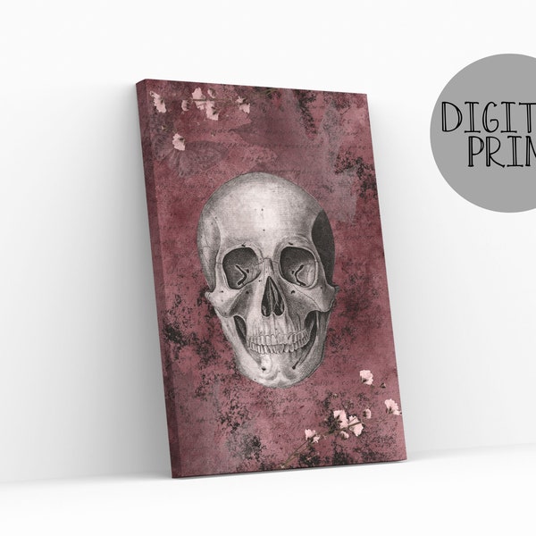 Human skull retro digital print, Goth printable wall decor, Gothic gifts