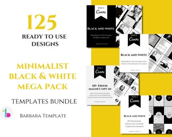 Minimalist Black and White mega pack bundle of templates, Minimalist branding kit, Monochrome ebook templates, Branding for small business