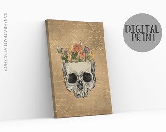 May include: A vintage-style illustration of a human skull with flowers growing out of the top of the skull. The background is a brown paper texture with faded writing.