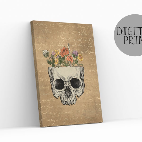 Human skull with flowers print, Digital printable wall art, Gothic wall art, Gothic gifts