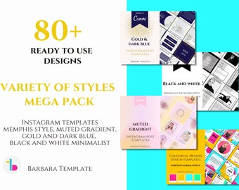 Variety of styles mega pack templates bundle, Instagram posts, Memphis design, Luxury gold, Purple gradient, Minimalist Black and White