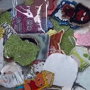 May include: A collection of assorted decorative patches and stickers featuring various colorful designs, including a green glittery shape, a pink glittery piece, a character with red skin, and a white patch with the text HOSPICE clearly visible.