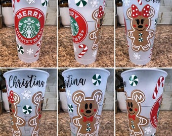Vaso reutilizable Venti Starbucks personalizado con Mickey y Minnie, estilo navideño de pan de jengibre / Regalos hechos a mano / Disney