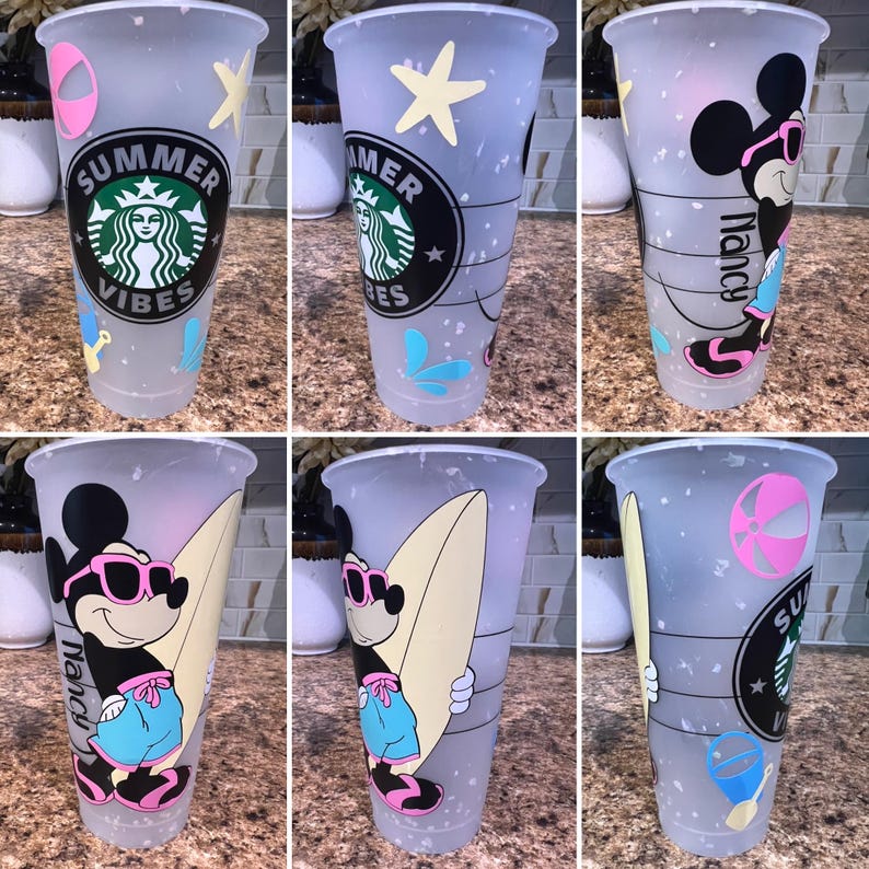 Musse Pigg Sommarmugg | Disney Vacation Starbucks Tumbler | Strandvibbar Återanvändbar 24oz Venti | Kryssningspresent Handgjord bild 1