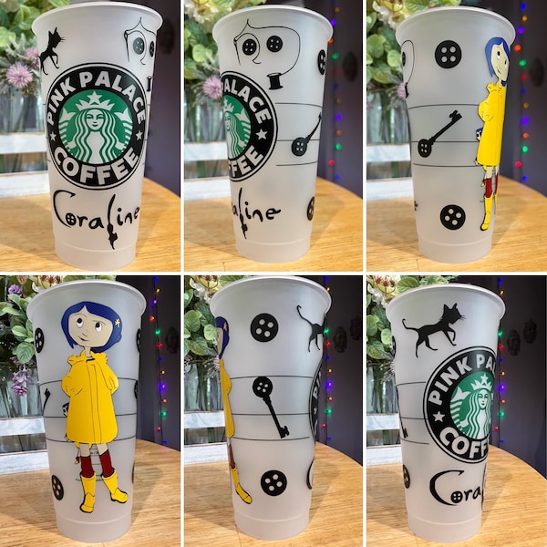 Vaso Starbucks reutilizable temático Coraline personalizado - 24 oz / Pink Palace / Halloween