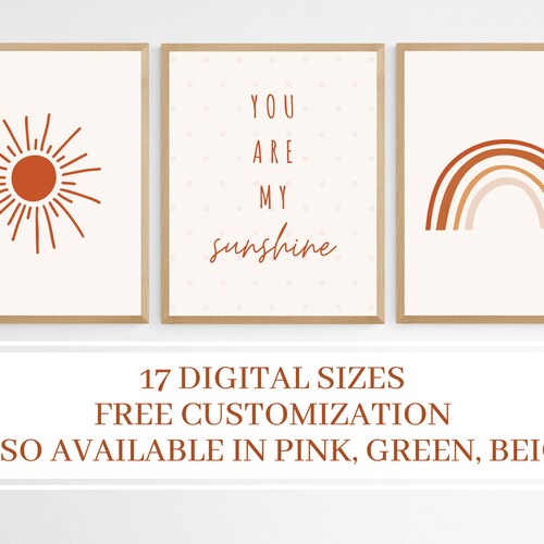 Set of 3 Boho Nursery Printable Wall Art Sun Rainbow Moon Etsy