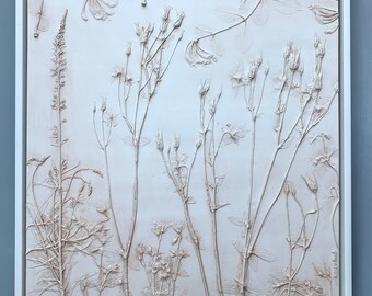 Framed flower picture, Plaster wall art, Honeysuckle and aquilegia bas relief, Plaster cast tile