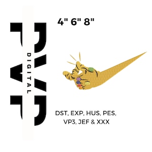 May include: Black and white digital design with the text "DIGITAL" and the text "4" 6" 8" above the design. A gold hand with six colorful stones is snapping its fingers. The text "DST, EXP, HUS, PES, VP3, JEF & XXX" is below the hand.