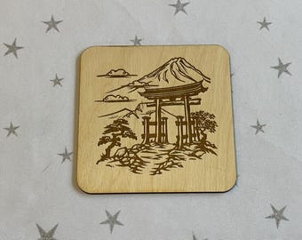Wooden coaster set with Japanese style engraving