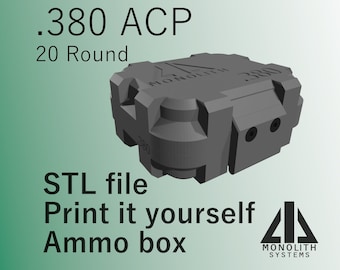 380 ACP- Print It Yourself Ammo box- 20 Round- STL- Monolith Systems