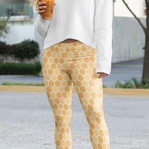 Honeycomb Women&#39;s Leggings, Cute Yoga Pants, Gift for Her, Fun All-Over Print Tights, Comfy Stretch Pants, Honeycomb Pattern Yoga Pants