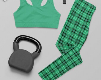 Green Plaid Leggings, Cute St Patrick's Day Outfit, All-Over Plaid Pattern Yoga Pants, St Paddy's Day Gift for Her, Cool Women's Leggings