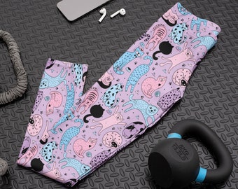 Purple Cat Leggings for Women, Cute Cat Pattern All-Over Print Leggings, Gift for Cat Mom, Cat Lover Yoga Pants, Fun Kitty Print Gym Wear