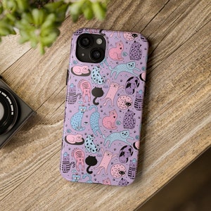 Purple Cats Tough Phone Case, Funny Cats iPhone Case, Gift for Cat Parent, Unique Mobile Case, UV Protected, for iPhone 15 14 13 12 11 XR