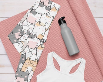 Kawaii Cat Leggings, Cute Yoga Pants for Women, Cat Mom Gift, Fun All Over Print Stretch Pants, Cat Pattern Printed Tights, Kitty Yoga Pants