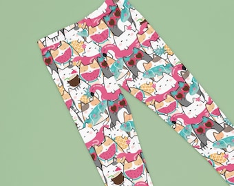 Kawaii Cat Leggings, Cat Yoga Pants, Cute All-Over Print Women's Leggings, Summer Vibes Tights, Gift for Cat Mom, Cat Lover Unique Pants
