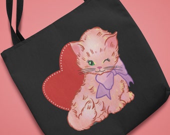 Love Heart Cat Tote Bag, Valentine's Day Accessory, Cute Kitten Tote, Gift for Cat Lover, Reusable Shopping Bag, All-Over Print Shoulder Bag