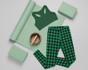 Cute Green Plaid Leggings, St Patrick's Day Stretch Pants, All-Over Print Plaid Pattern Yoga Pants, St Paddy's Day Outfit, Gift for Her
