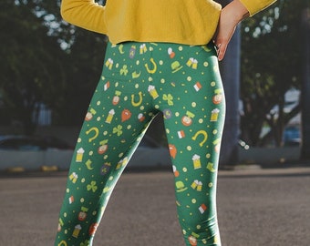 St Patrick's Day Leggings, Shamrock Yoga Pants, Cute Clover and Horseshoe Leggings, Irish Stretch Pants, St Patty's Day Outfit, Gift for Her