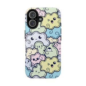 May include: A phone case with a colorful cartoon design featuring clouds with faces. The case is made of a durable material and has a cutout for the camera lens.