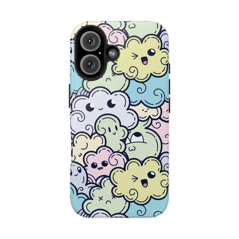 May include: A phone case with a colorful cartoon design featuring clouds with faces. The case is made of a durable material and has a cutout for the camera lens.