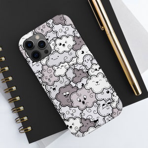 Cute Rainclouds Phone Case, Kawaii Clouds Pattern, Fun Doodle iPhone Tough Case, Cloud Cases, for iPhone 16 15 14 13 12, Samsung Galaxy S24