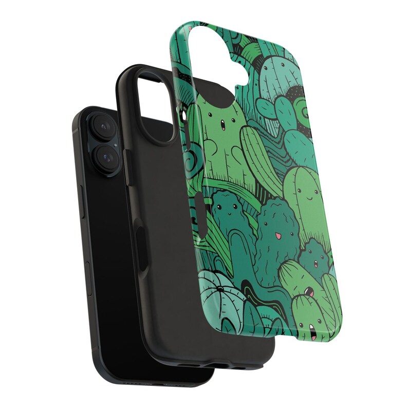 Peut inclure: Une coque de t&eacute;l&eacute;phone noire avec un motif vert et blanc repr&eacute;sentant des cactus et d'autres plantes en dessin anim&eacute;. La coque est ouverte pour montrer le t&eacute;l&eacute;phone &agrave; l'int&eacute;rieur.