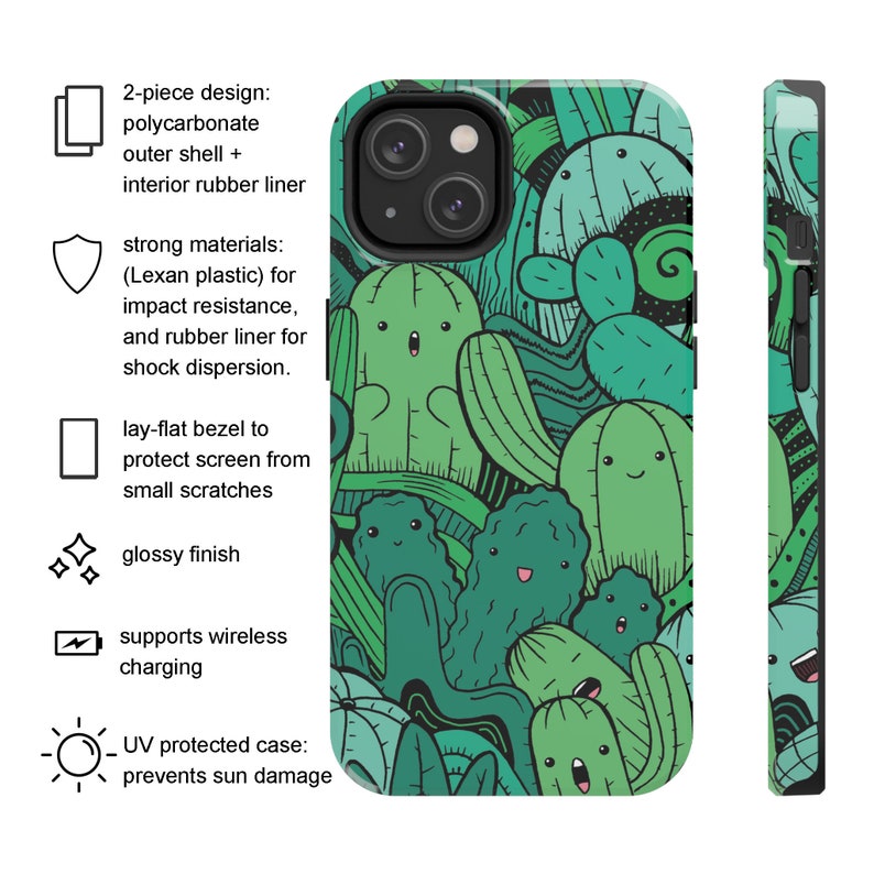 Peut inclure: Une coque de t&eacute;l&eacute;phone verte avec un motif de cactus mignon. La coque est en polycarbonate et poss&egrave;de une doublure en caoutchouc pour absorber les chocs. Elle poss&egrave;de &eacute;galement un bord plat pour prot&eacute;ger l'&eacute;cran des rayures et prend en charge la charge sans fil.