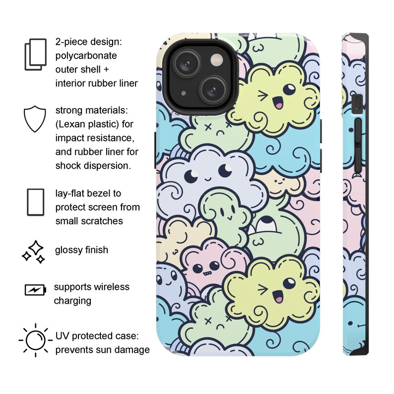May include: A phone case with a colorful cartoon design of clouds with faces. The case is made of a two-piece design with a polycarbonate outer shell and an interior rubber liner. The case is also UV protected and supports wireless charging.