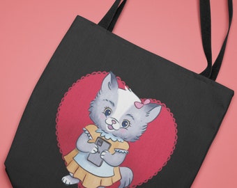 Cute Retro Cat Tote Bag, Love Heart Kitty Tote, Valentine's Day Accessory, Cat Lover Gift, All-Over Print Shoulder Bag, Unique Shopping Bag