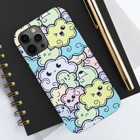 Cute Clouds iPhone Case, Kawaii Tough Phone Cases, Unique Doodle Print, UV Protected, iPhone 16 Pro Max 15 Plus 14 13 12, Samsung Galaxy S24