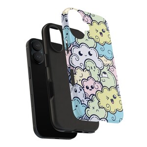 May include: A black phone case with a colorful pattern of clouds with faces on them. The case is designed to fit a phone with a dual camera system.