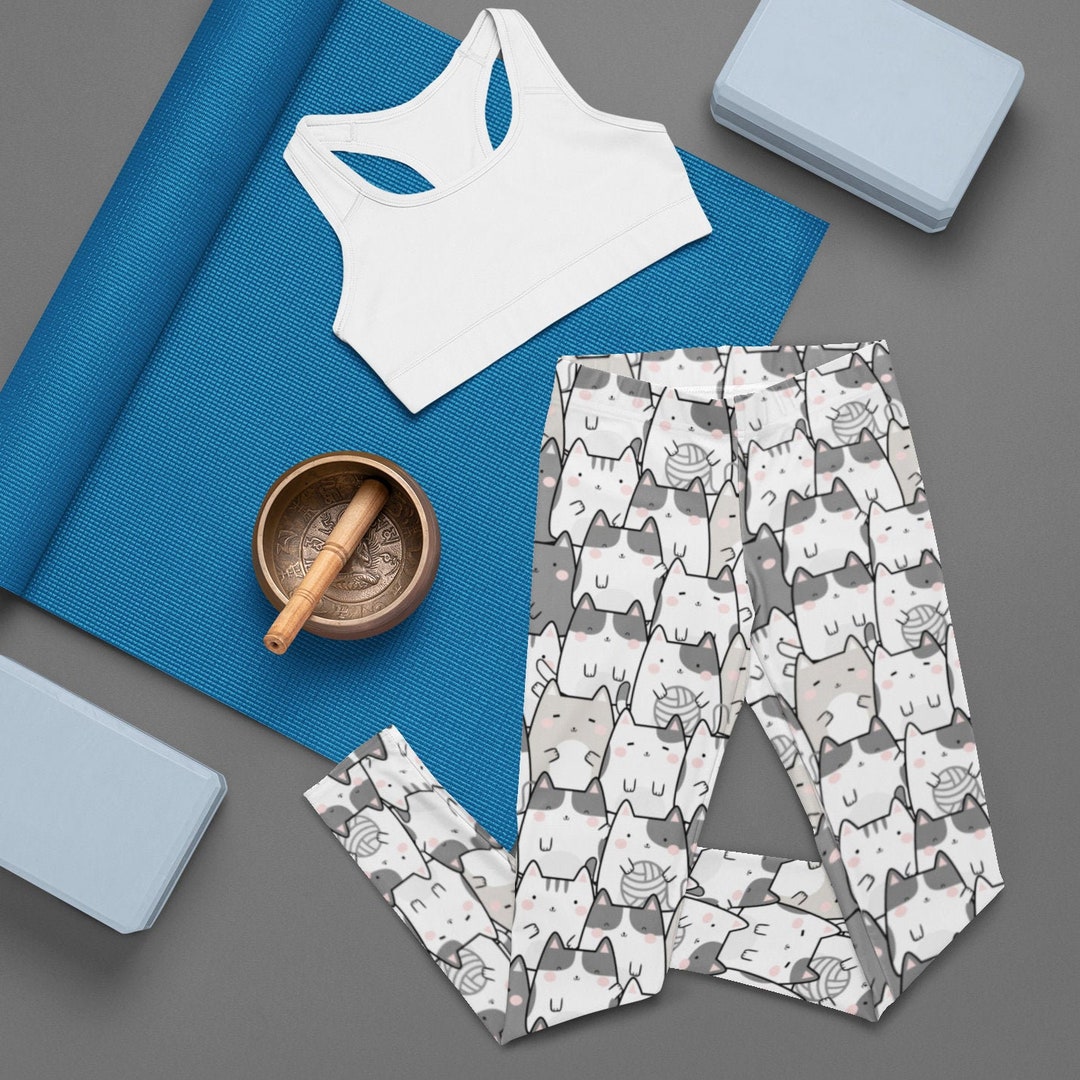 Kawaii Cat Leggings, Cat Yoga Pants, Gift for Cat Mom, Kitty Kawaii Tights, Cat Lover Unique