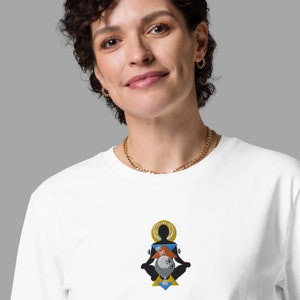 Planetary Embroidered Tee Chakra Yoga Unisex Organic Cotton Tee Meditation Mindful Soul Spirit White Embroidery Eco T-Shirt