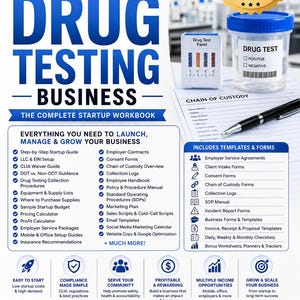 以下が含まれることがあります： Start a Drug Testing Businessというタイトルのデジタルワークブック。139ページのガイド、保管連鎖フォーム、薬物検査パネル、検体カップが含まれています。このリソースには、テンプレート、チェックリスト、およびビジネスのための90日間のアクションプランが含まれています。