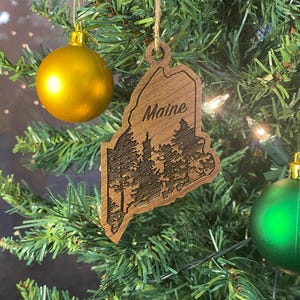 Maine Ornament State Shape | ME Trees Ornament | Maine State Outline Gift |  Engraved Wood Trees | Wooden Christmas Gift Stocking Stuffer