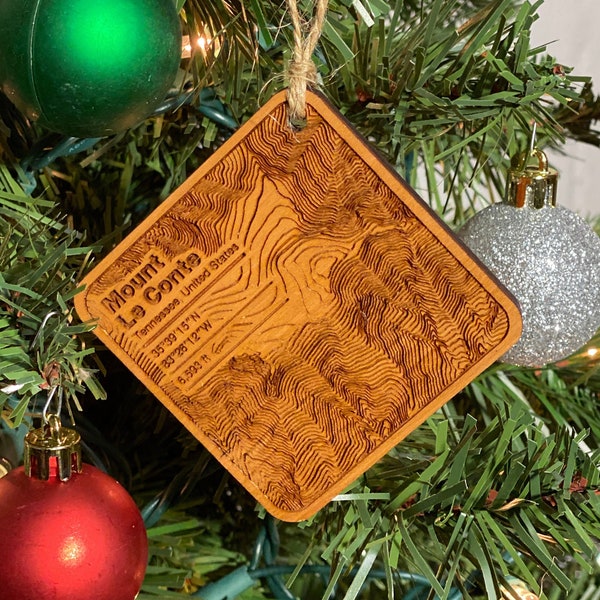 Mt. Le Conte Great Smokey Mountains National Park Topographic Ornament | Mount Le Conte, Tennessee | Premium Wood Engraved Ornament Topo Map