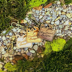 Portland Oregon Old Town Keychain - engraved solid hardwood with natural finish