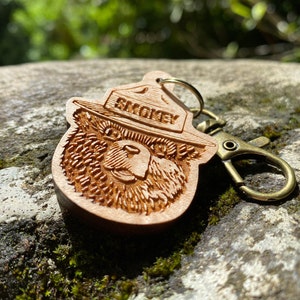 Smokey Bear &quot;Scruffy Smokey&quot; Keychain | Officially Licensed Smokey Bear Gift | Wooden Smokey Keychain | 10% of Each Sale Donated to USFS