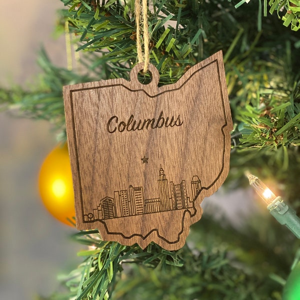 Columbus Ohio Ornament | Columbus, OH Skyline Cityscape | Wood Engraved Ornament | Ohio State Ornament Skyline | Columbus Cityscape Gift