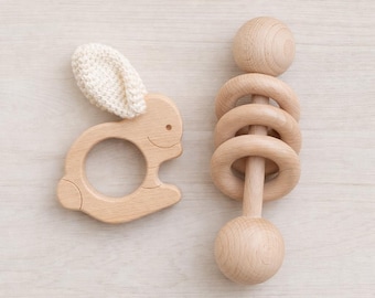 Wooden Bunny Rattle with Crochet Ears | Natural Baby Toy, Easter Gift