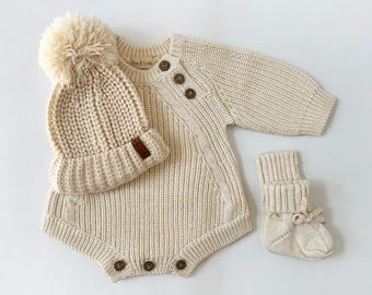 Baby Newborn Chunky Knit Set options |  Romper booties hat | Light Rice Elliot