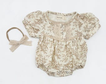 ELODIE Vintage Floral Muslin Baby Romper Bubble Set – 100% Cotton with Matching Bow SHORT-SLEEVE|