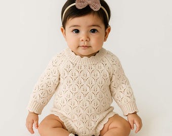 Baby Knit leaf lace romper with Set options | LACEY Oatmilk
