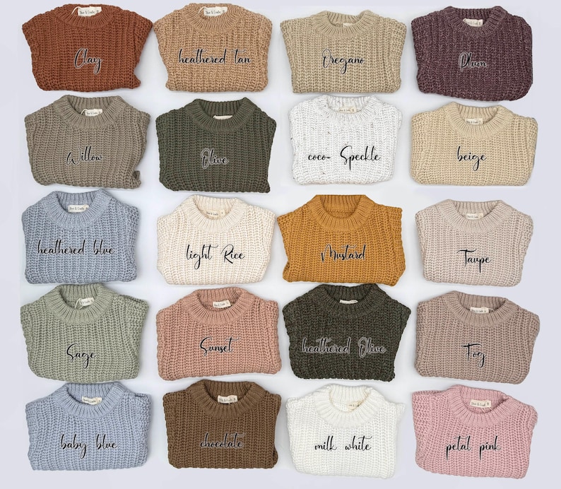 May include: A collection of twenty chunky knit sweaters arranged in a grid, each labeled with color names including clay, heathered tan, oregano, plum, willow, olive, coco-speckle, beige, heathered blue, light rice, mustard, taupe, sage, sunset, heathered olive, fog, baby blue, chocolate, milk white, and petal pink.