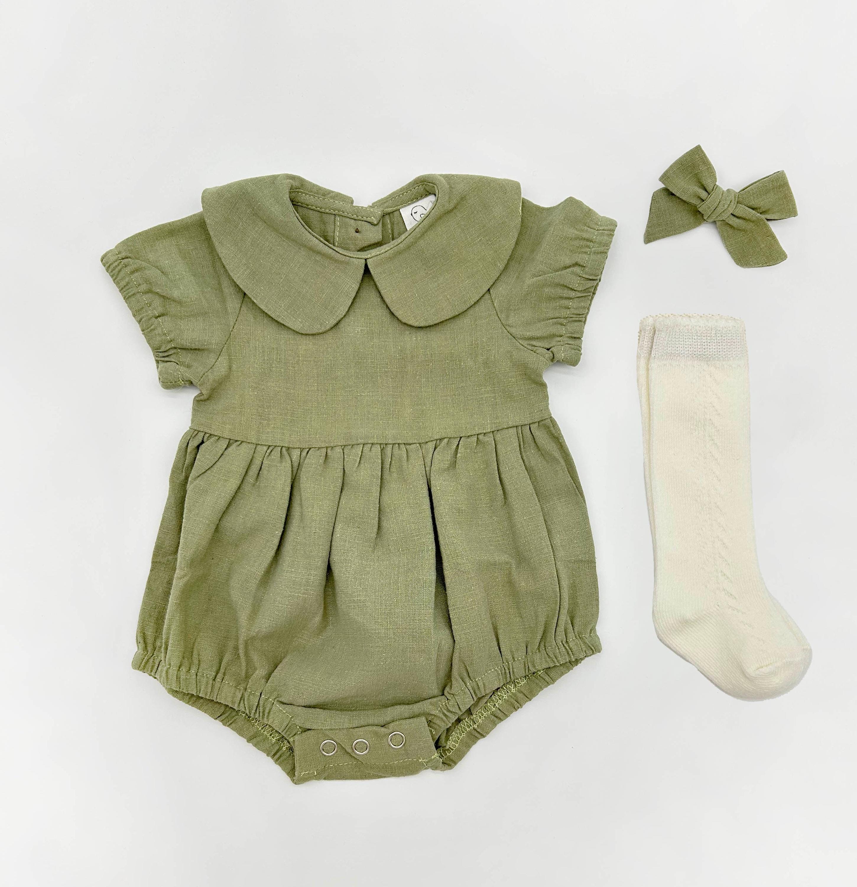 Baby Girl Linen Peter pan Collar Bubble Romper OPTION SETS socks + Bow + Cardigan ALLIE Sage